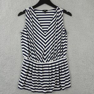 Talbots Shirt Womens P Blue White Striped Peplum Pleated Sleeveless Tank Top